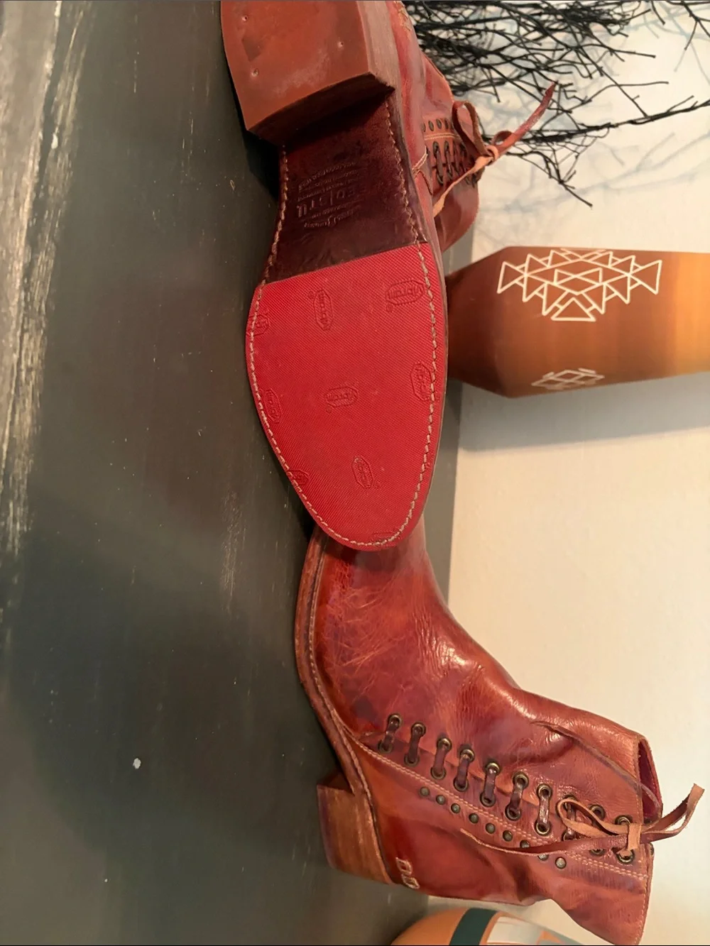 Bed Stu Burnt Red Leather Lace-Up Ankle Booties with Side Zip